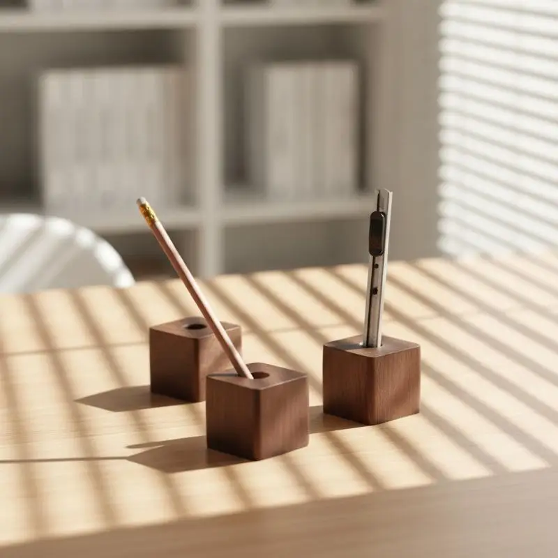 Cute Patterned Wooden Pen Holder Large Capacity Desktop Storage Box for Office Home Student Stationery Organizer Decor Gift