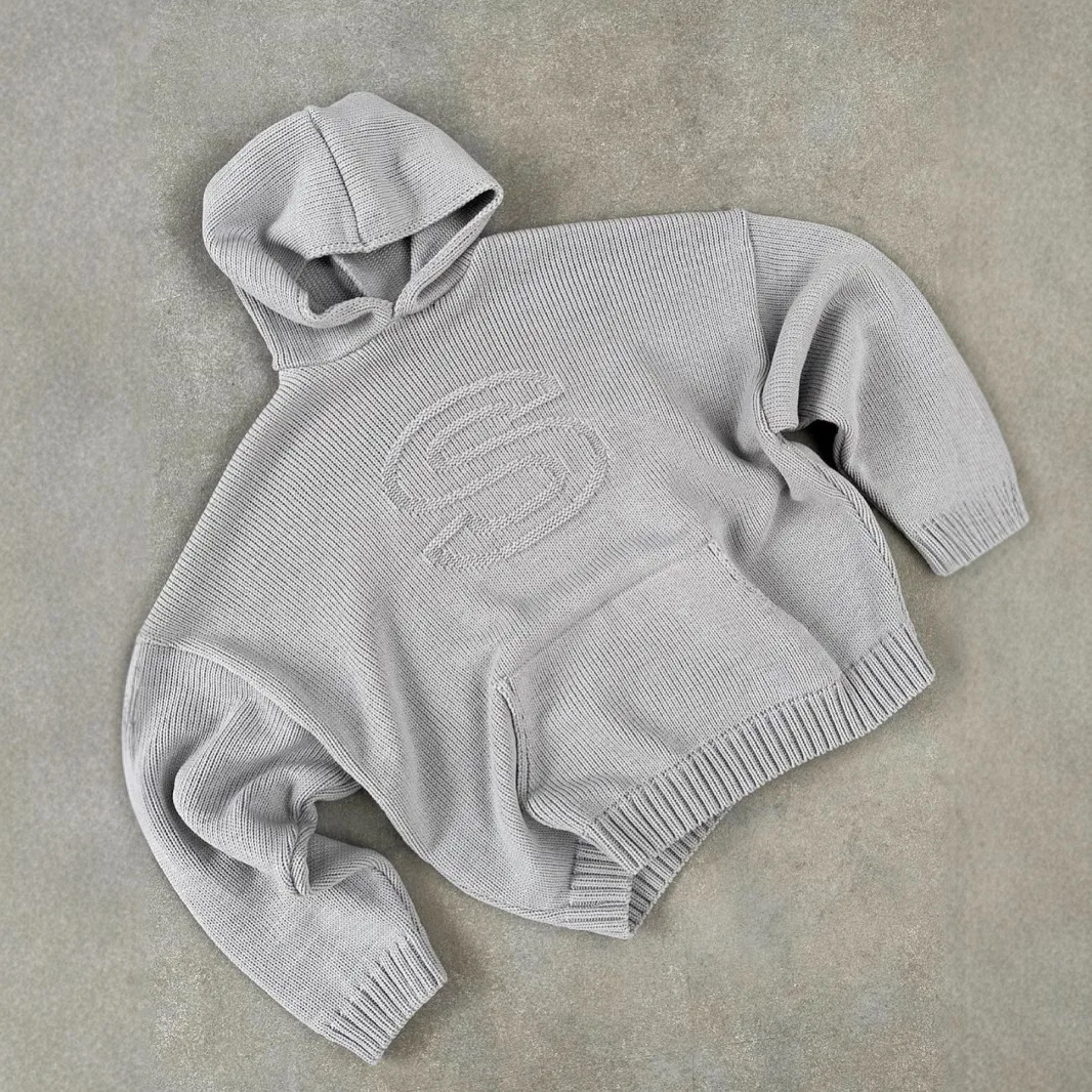 

Mens Pullover Hoodie 2025 Autumn Winter Vintage Streetwear Style Gray Knit Sweatshirt Letter S Embroidery Kangaroo Pocket Casual