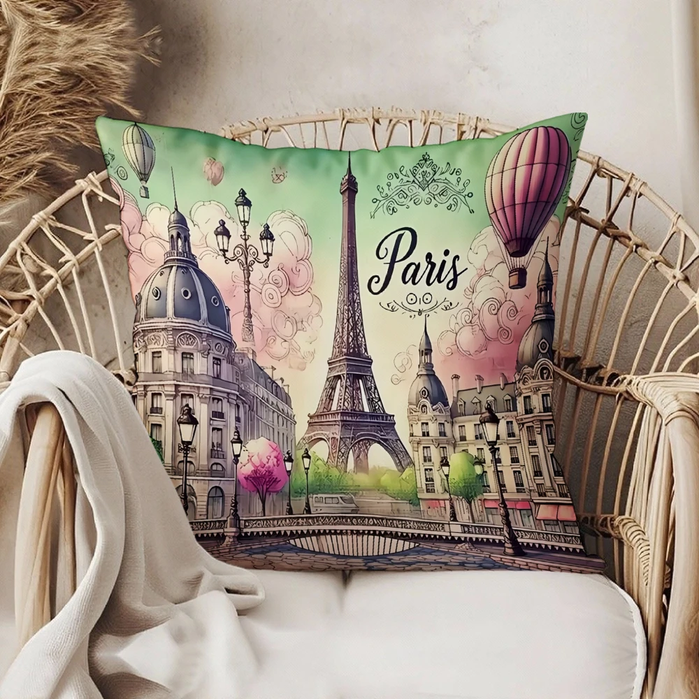 Square Throw Pillow Case Multicolor Paris Eiffel Tower Hot Air Balloon Vintage Cityscape Print Decorative Cushion Cover For Livi