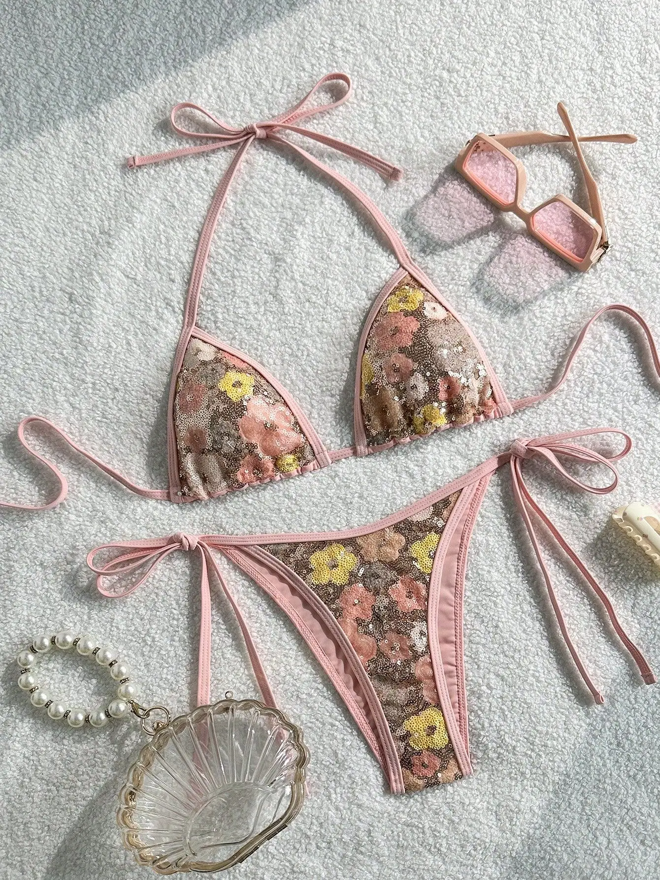 Sexy Sequin Pink Bikini Set 2026 Women Mesh Front Tie Push Up Bra Triangle Swimsuit Beach Bathing Suit Micro Swimwear Biquini