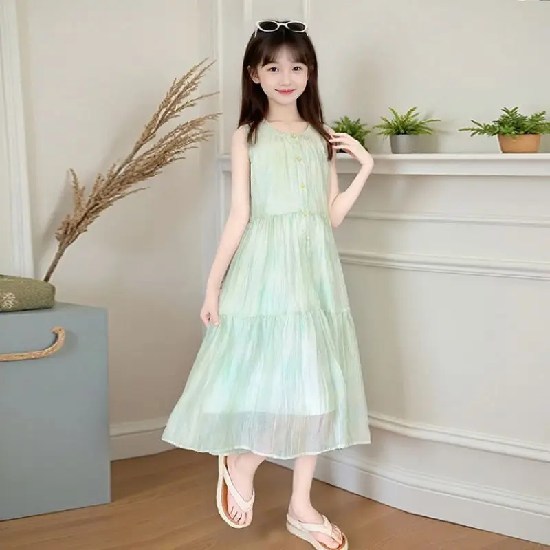 2026 Summer sleeveless kid party mesh princess Girls Mid Long Teenager off shoulder patchwork layered dress 4 8 10 12 14 Years
