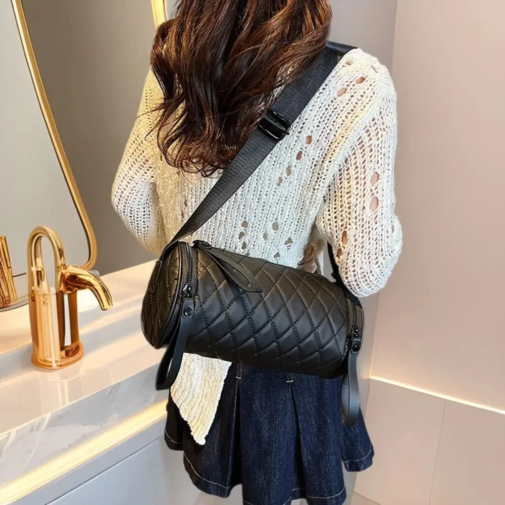 

Temperament Elegant Nylon Shoulder Bag Plaid Korean Style Rhombus Crossbody Bag Handbag Solid Color Cylinder Bag Girls