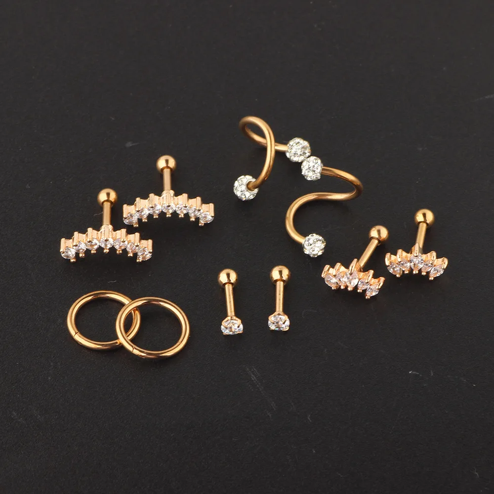 Fashion Crystal Cartilage Earring Set Stainless Steel Gold Color Ear Hoop Helix Tragus Ear Stud Set Women Earrings Jewelry Gift