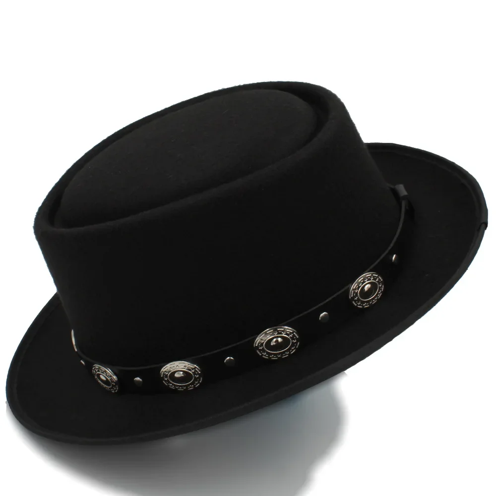 

Women Men Pork Pie Hat Dad Wool Flat Fedora Hat For Lady Gentleman Gambler Boater Trilby Hat Hat Size 58CM
