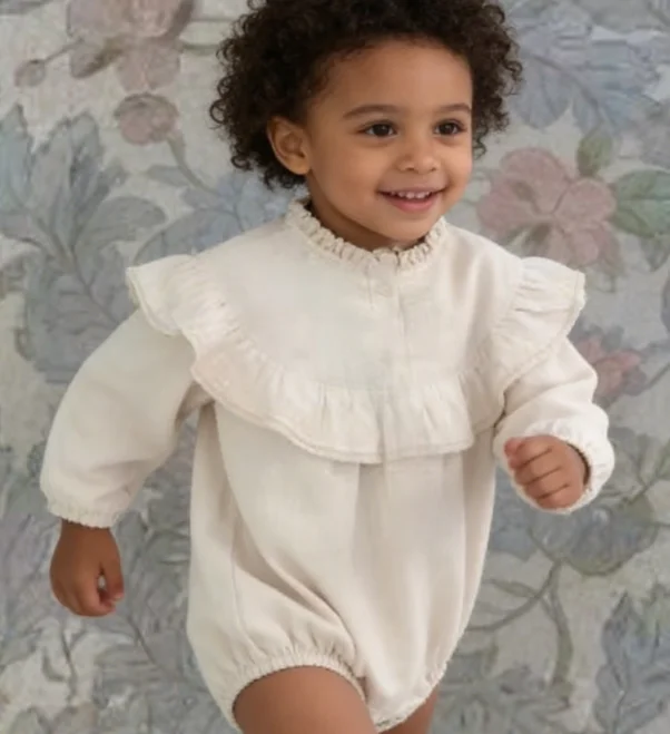Korean Version of Solid Color Matching Spring and Autumn Baby One-piece Romper Lace Lotus Leaf Collar Temperament Lady