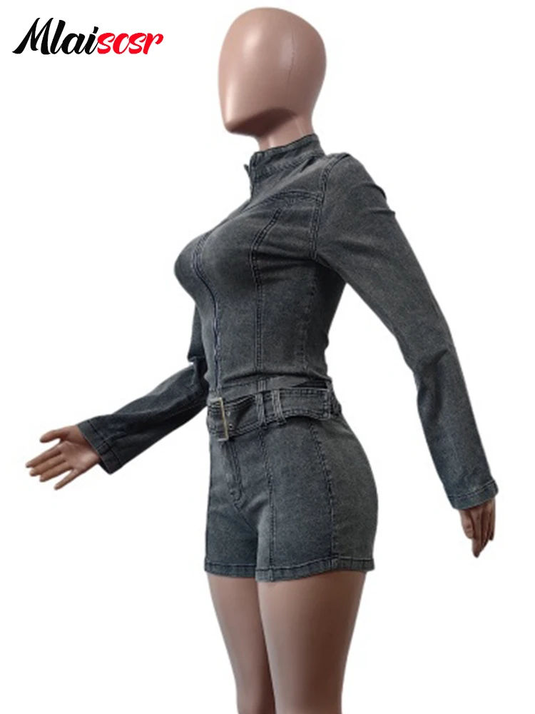 Mlaiscsr Stretch Denim Suits Women Shorts Set Long Sleeved Crop Jacket and Short Jeans with Belt Two Pieces Streetwear Outfits