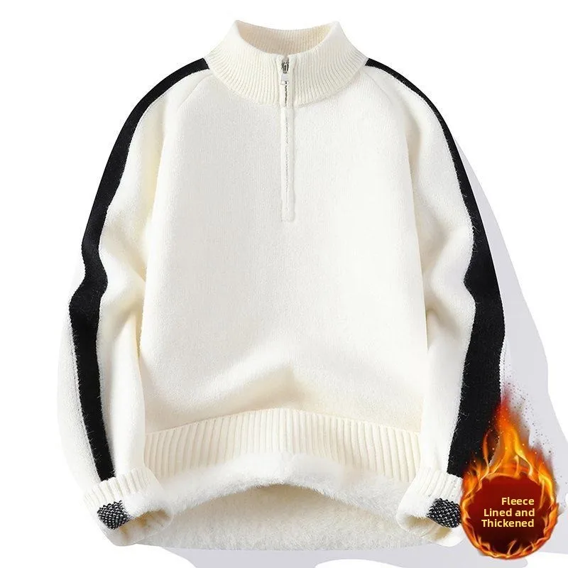 

Мужской зимний утепленный вязаный свитер на флисовой подкладке с высоким воротником на молнии, повседневный, универсальный, теплый, комфортный, из полиэфирного волокна