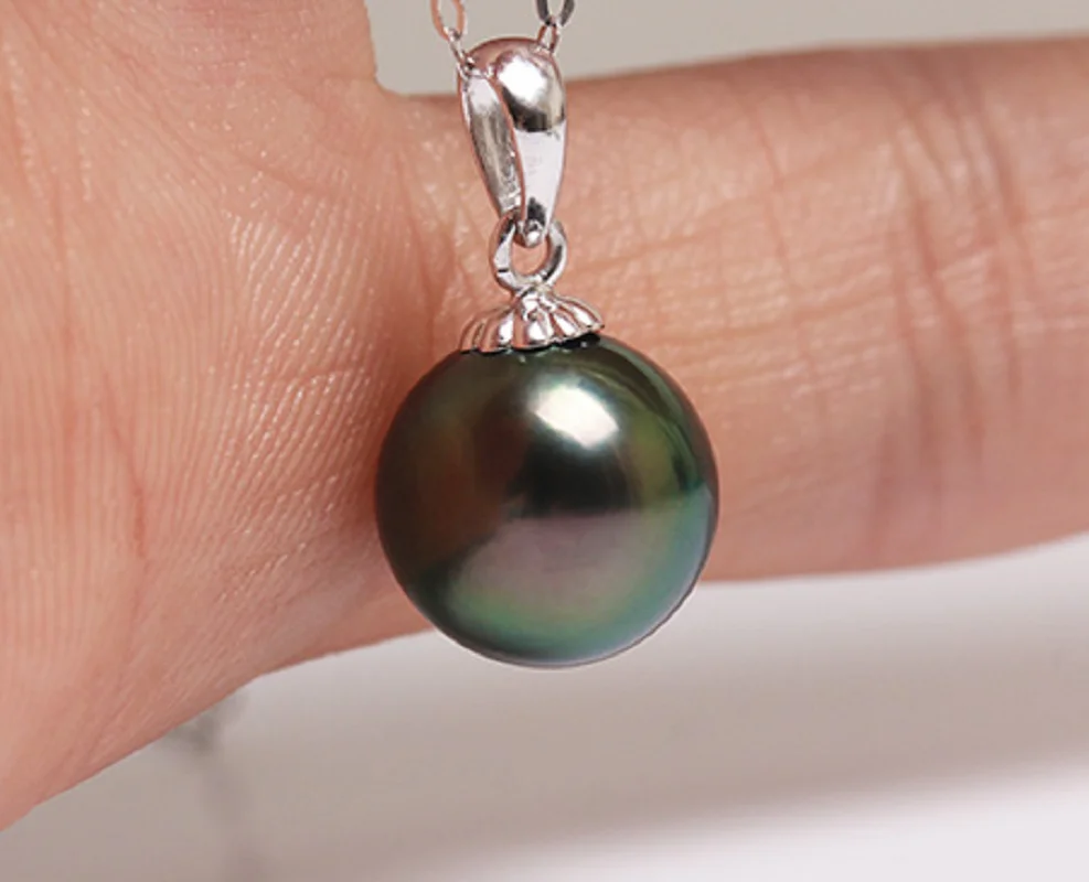 

Charming Huge 11-12mm Natural Sea Genuine Black Green Perfect Round Pearl Necklace Pendant 51118AAA