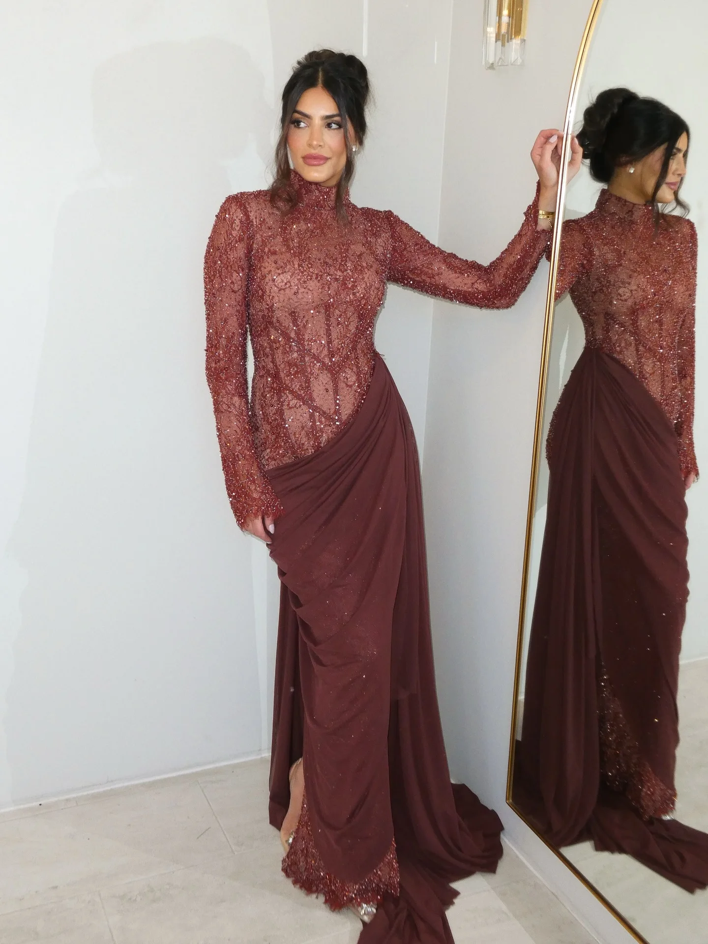 Sansa Customized Burgundy Mermaid Gown high neck long sheer beaded mesh corset draped chiffon skirt formal evening gowns 2026