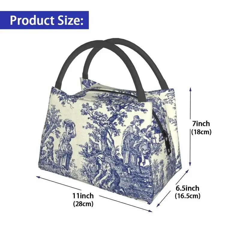 Toile De Jouy Blue Portable Lunch Box French Navy Blue Thermal Cooler Food Insulated Lunch Bag Hospital Office Pinic Container