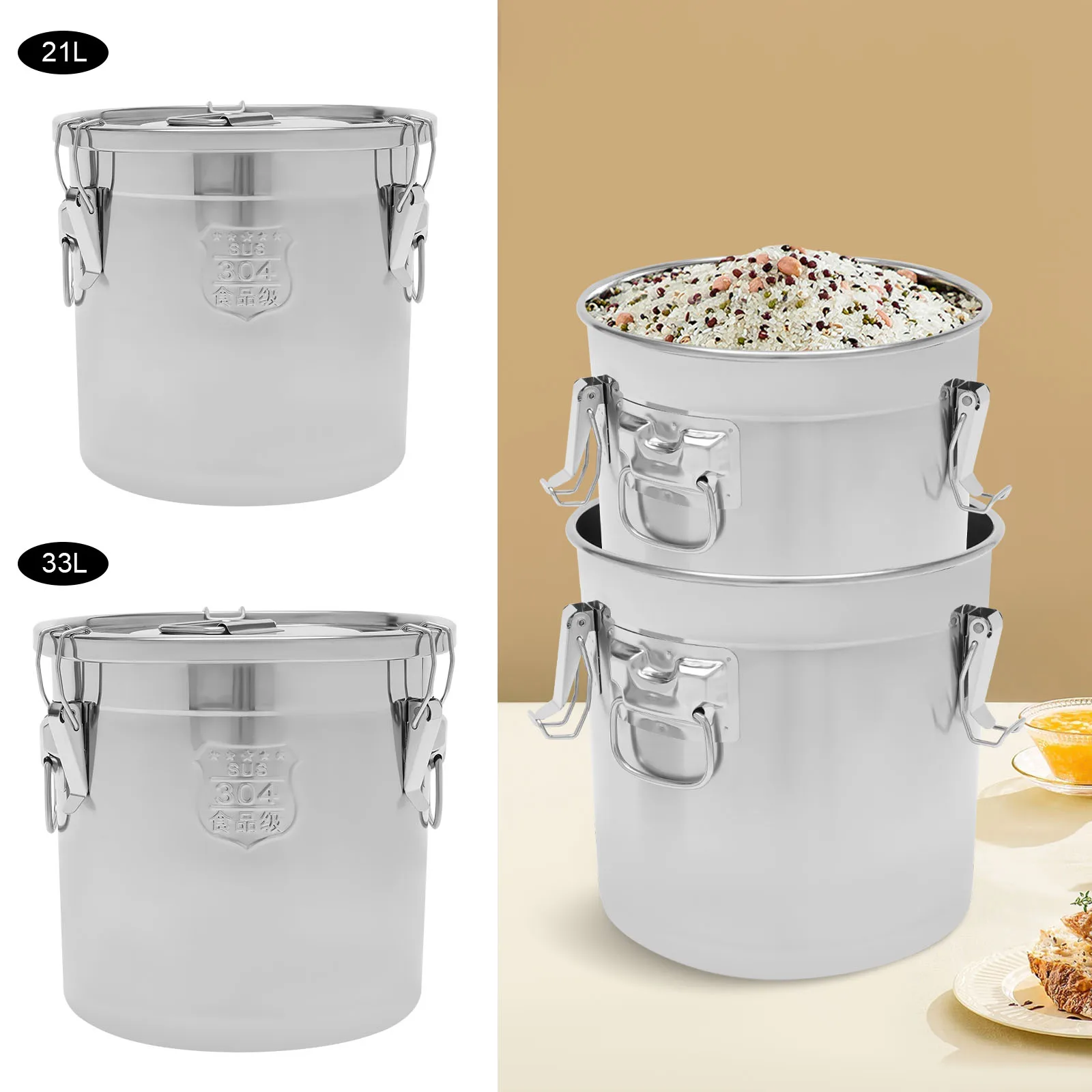 33L/22L Stainless Steel Rice Storage Container 3-Lock Sealing Rice Bin Food Grade Airtight Kitchen Bucket for Rice/Flour
