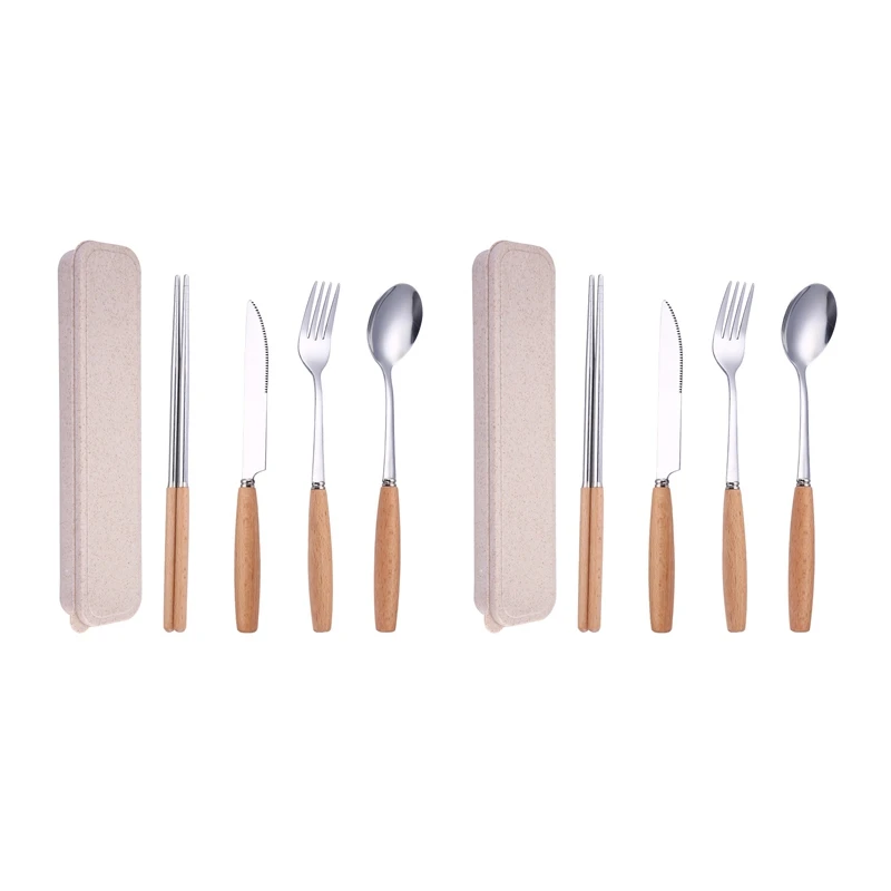 Portable Utensils Set With Case-8 Pieces Wood Handle Reusable Flatware Set Fork Spoon Stainless Steel With Carry