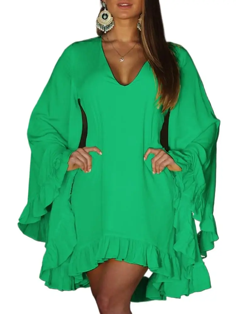 New V Neck For Women\'s Solid Color Dresses Spring Fashion Flared Long Sleeve Peplum Elegant Female Holiday Party Mini Dresses