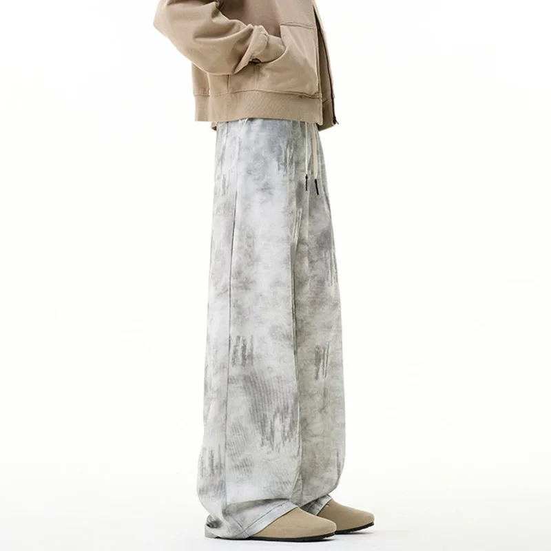 LUZHEN 2026 New Original Vintage Wornout Tie-dyed Pattern Loose Straight Casual Pants Men Stylish Elastic Waist Trousers JY7958