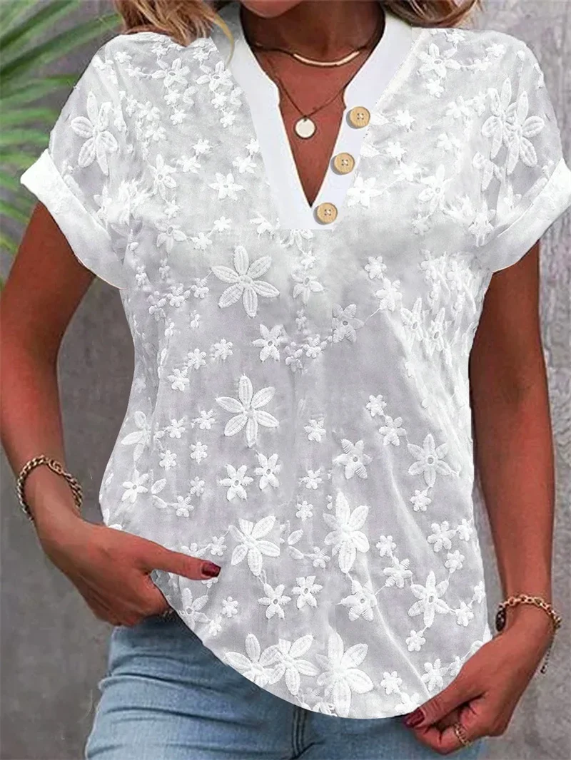 Elegant Embroidered Flowers Shirt Women V Neck Button Decoration Blouse Simple Style Female Commuter Casual Short Sleeve Top New