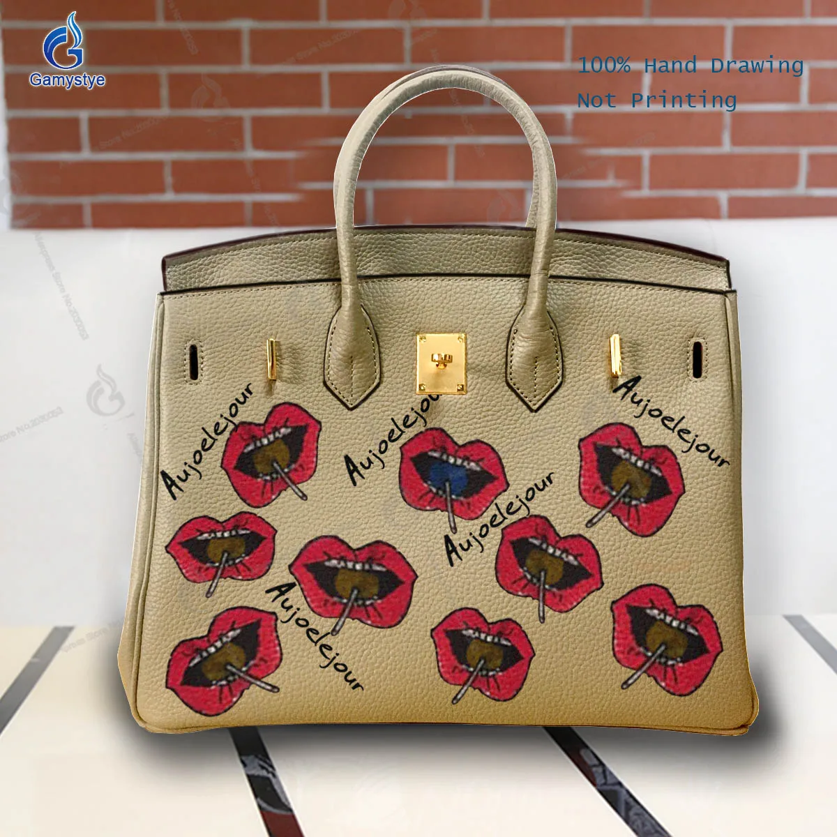 Personalizar bolso Art Hand Painted Red lips Bags Designer Totes Women purses and handbags Real Togo Cowskin Unique personality