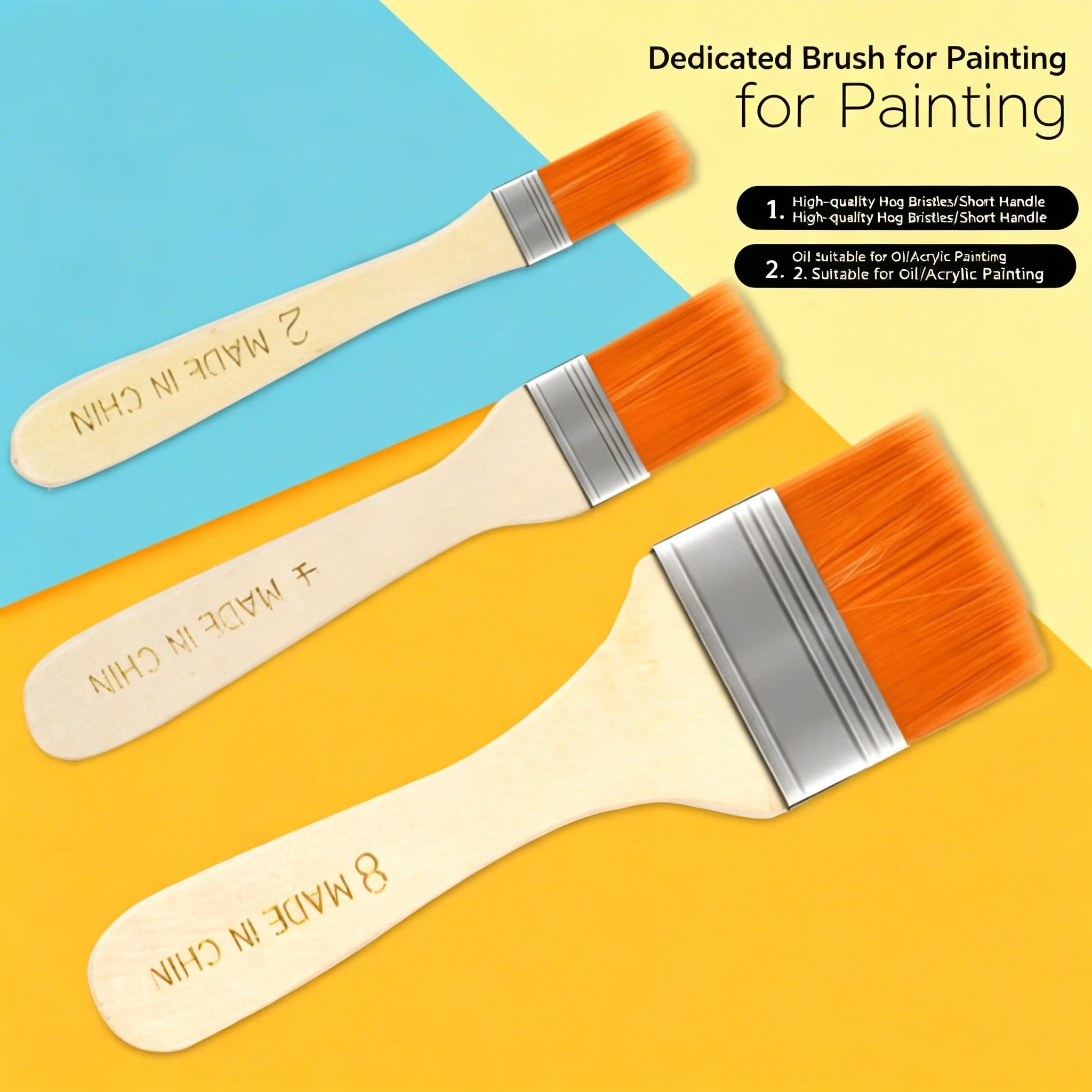 3Pcs Wood Handle Flat Paint Brushes Set Bristle Painting Brush For Oil Acrylic Watercolor Canvas DIY Craft Keyboard Cleaning