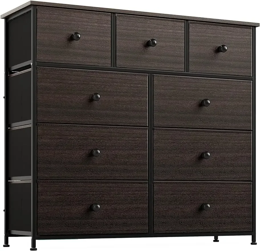 

9 Drawer Dresser Faux Leather Chest of Drawers Closets Large Capacity Organizer Tower Steel Frame Wooden Top,Black Grey/Taupe