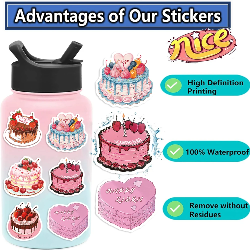 50pcs Cute Cake Zodiac Cartoon Aesthetic Stickers Decoration DIY Laptop Suitcase Notebook Stationery Sticker for Kids Toy﻿