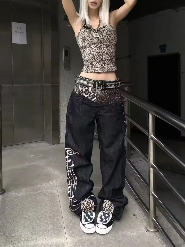 Women's Leopard Print Patchwork Design Jeans Casual Pants Street Unisex Sweatpants Wide Leg Bottoms Female High Waist Trousers