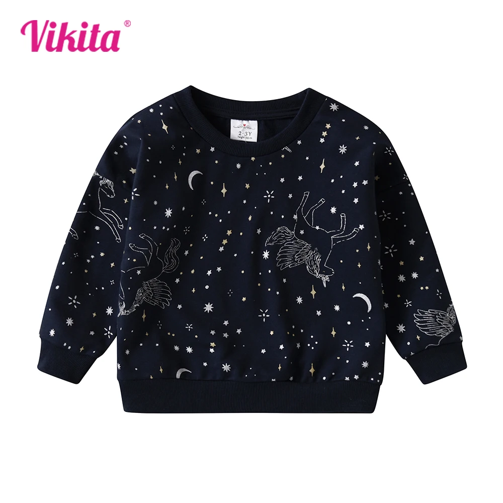 VIKITA Kids Licorne Star Moon Print Sweatshirt Outwear Girls Autumn Fall Spring Long Sleeve Sports Casual Cotton Sweatshirt