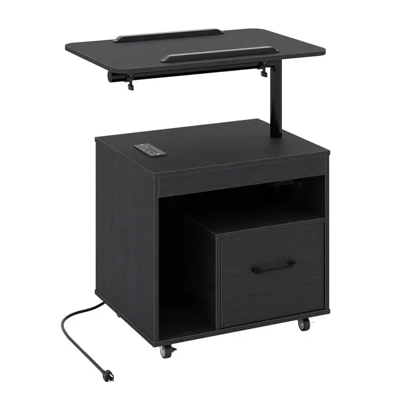 

LED Nightstand with Power Outlets Modern Bedside Table with Flip over-Black