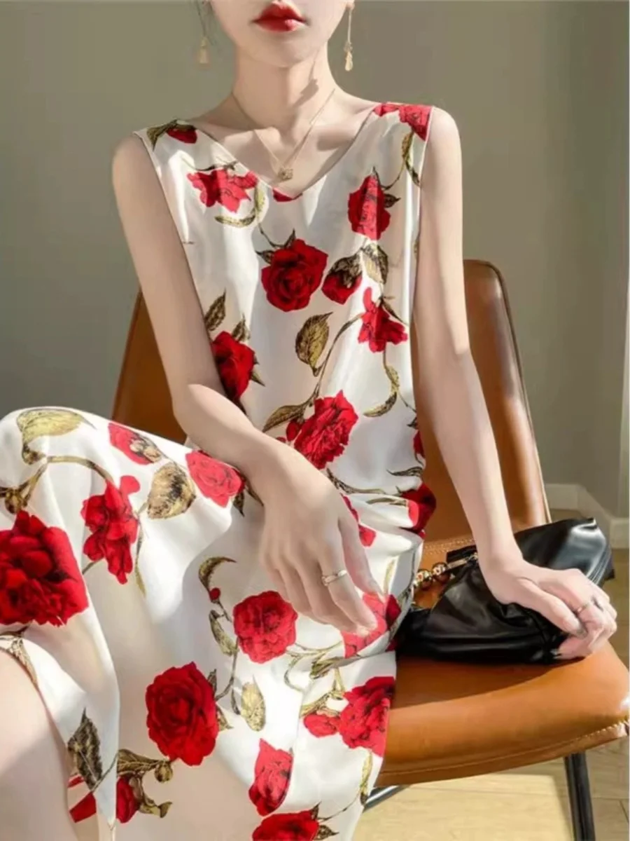 Ele Acetato Cetim Verão Dr V-Ne Midi Comprimento Feminino Emagrecimento Estampado Strapl Base Camada Saia Linha A Sle