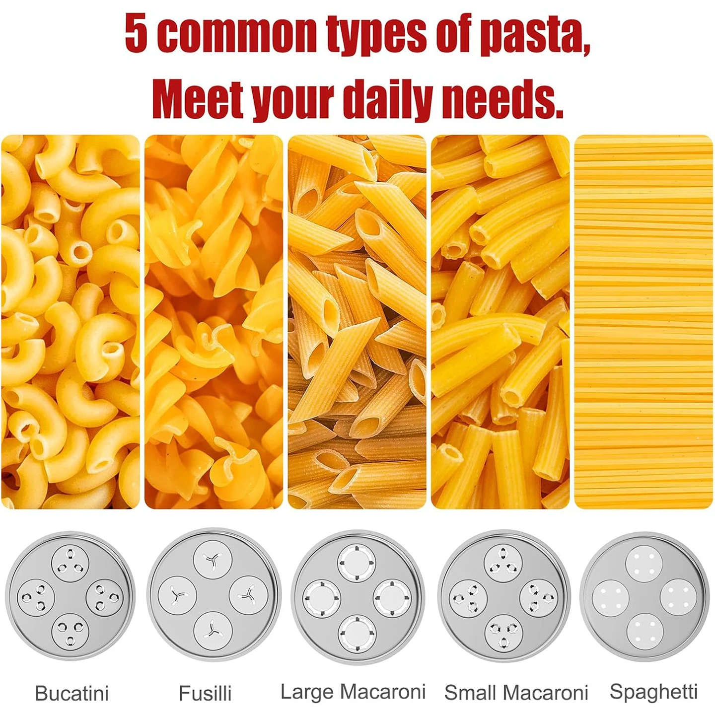 5-in-1 Pasta Maker, Compatible with All KitchenAid Stand Mixers, Made of Plastic, Suitable for Making Spaghetti, Macaroni, and O