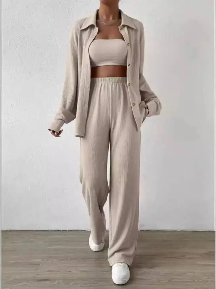طقم رياضي نسائي مكون من قطعتين لخريف 2025 بلون سادة وأزرار سفلية للجنسين طقم مكون من قطعتين