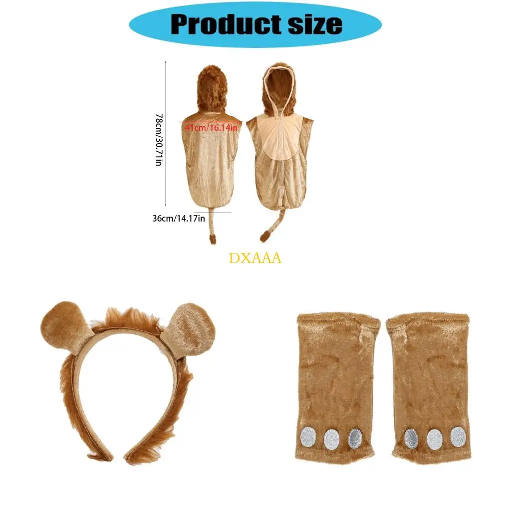 DXAA Animal Lions Costume Lions Ear Headband Tail Jumupsuit Halloween Costume Cosplay Children Day Stage Performances Props