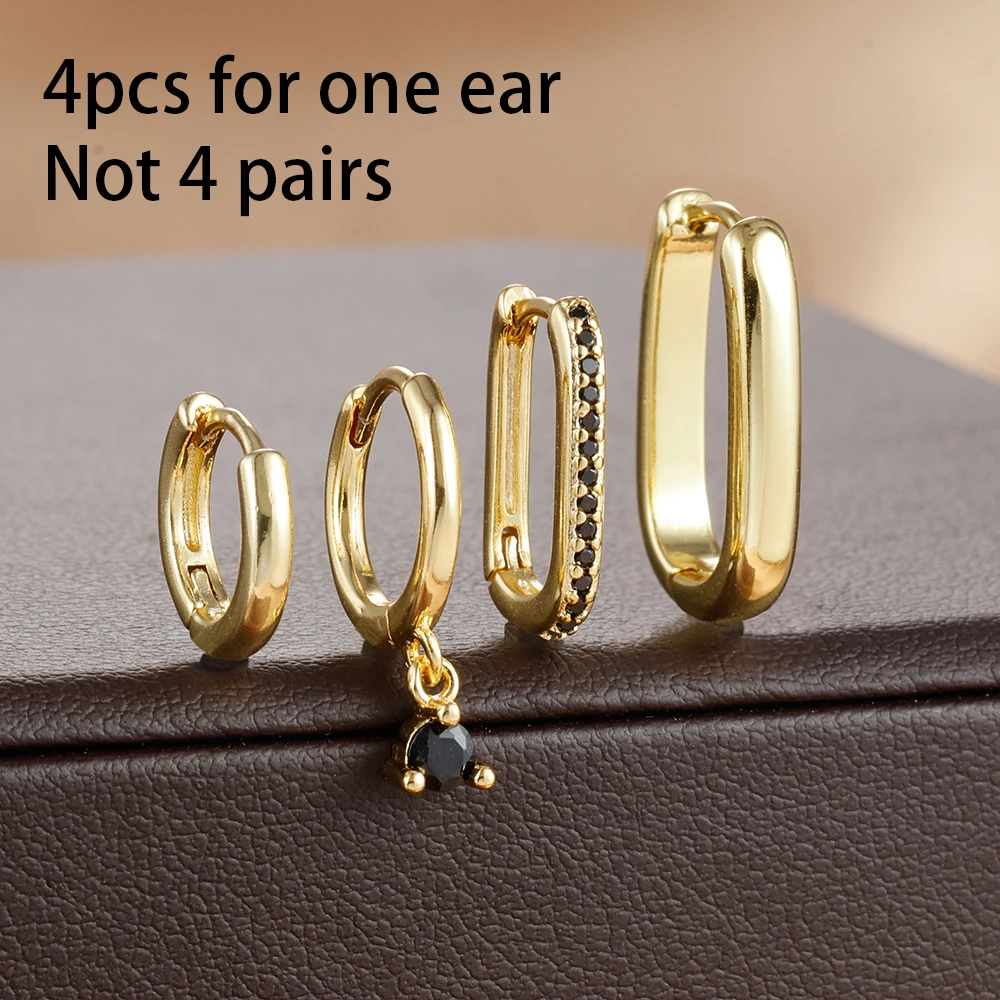 4pcs Korean Stainless Steel Zircon Water Drop Piercing Earrings Set For Women Simple Huggie Square Hoop Earring Fashion Jewelry