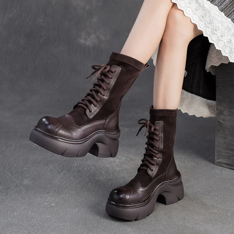 

GKTINOO Autumn Winter Genuine Leather Boots For Womem Shoes Thick Soled High Heel Mid-Calf Stretch Boots Lace Up Ladies Pumps