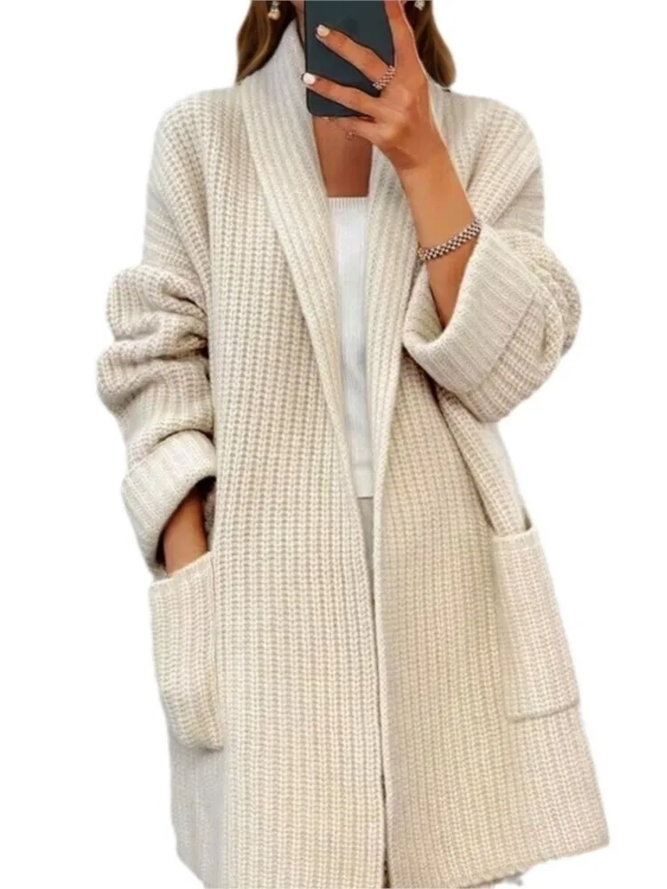 Gebreid vest voor dames Mode Effen kleur V-hals met zak Losse lange elegante trui Herfst Winter Dame Kantoortruien