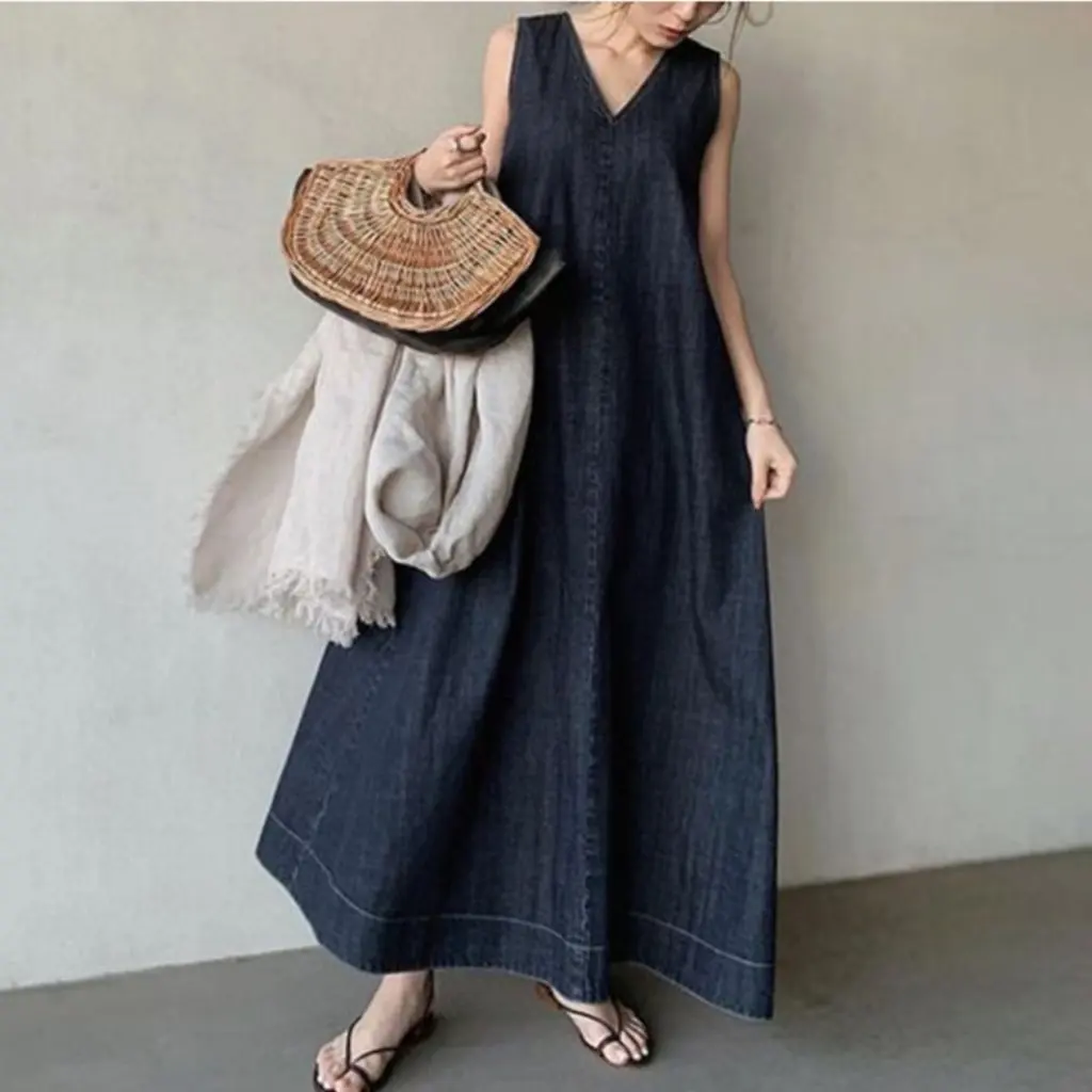 Sommer Neue Künstler Stil Denim Over-the-Knie Langes Kleid Zurück Spitze-Up V-ausschnitt Ärmelloses frauen Mode kleid