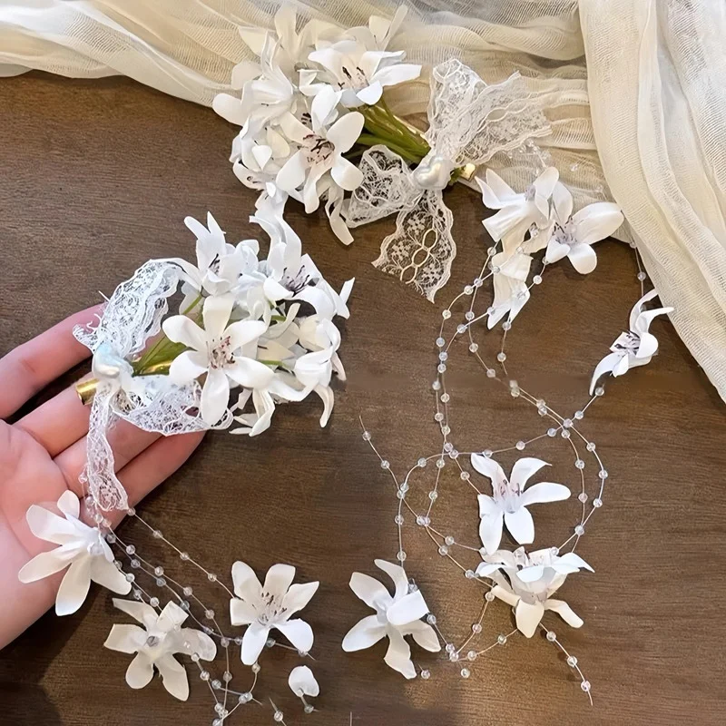 Stoffspitzen-Haarspange mit Schleife, Blume und Quaste – Detail 3