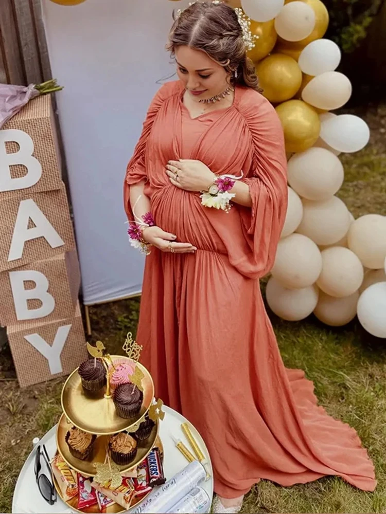 off-shoulder-maternity-chiffon-ruched-dress-women-long-flowy-gown-orange-mint-green-pregnancy-photo-shoot-outfit-prop