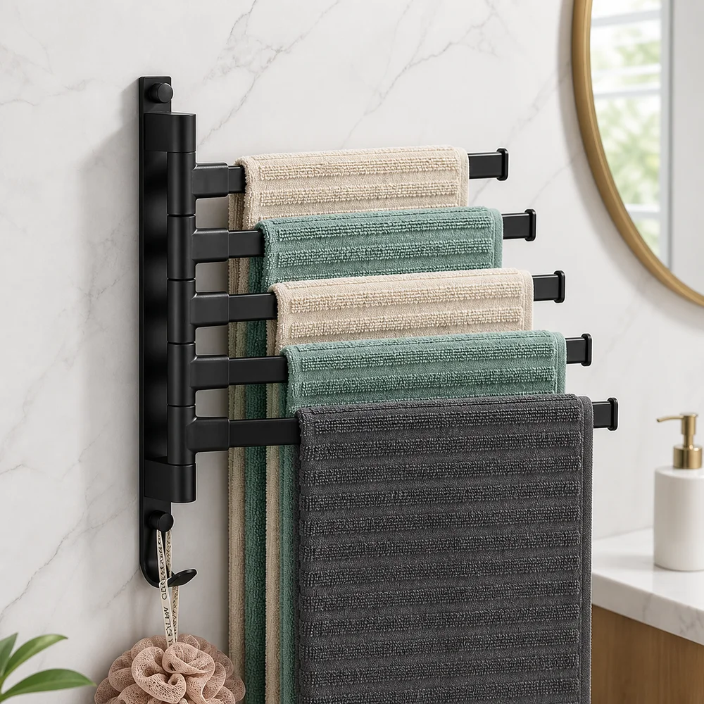 Aluminum Wall Mounted Towel Rack Swing Arm No Drill Installation Rotating Towel Holder Foldable Black Towel Bar