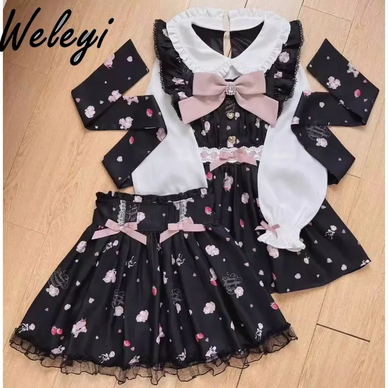 

Lolita Bow Strawberry Printed Skirts Suit Japanese Spring and Summer Sweet Mass Produced Mine Chiffon Peter Pan Collar Skirt Set