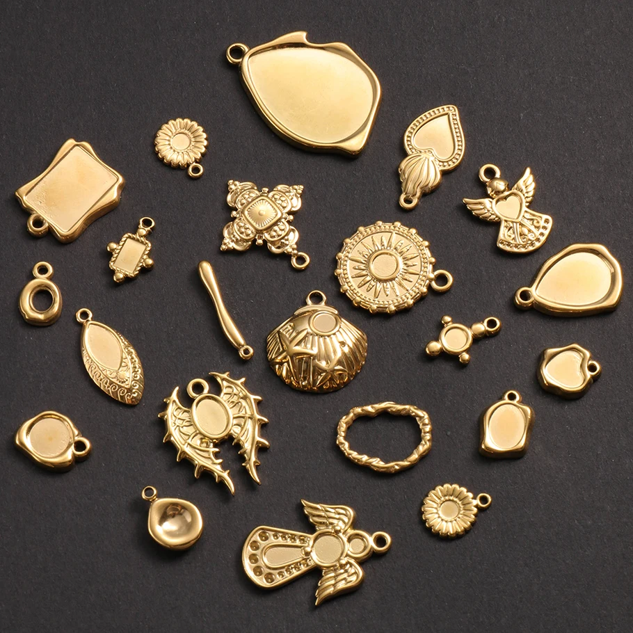 5 Stück goldfarbene, unvollendete Anhänger mit unregelmäßiger Geometrie, Flügel, Muschel, Auge, DIY-Edelstahl-Cabochons-Anhänger für die Schmuckherstellung – Detail 1