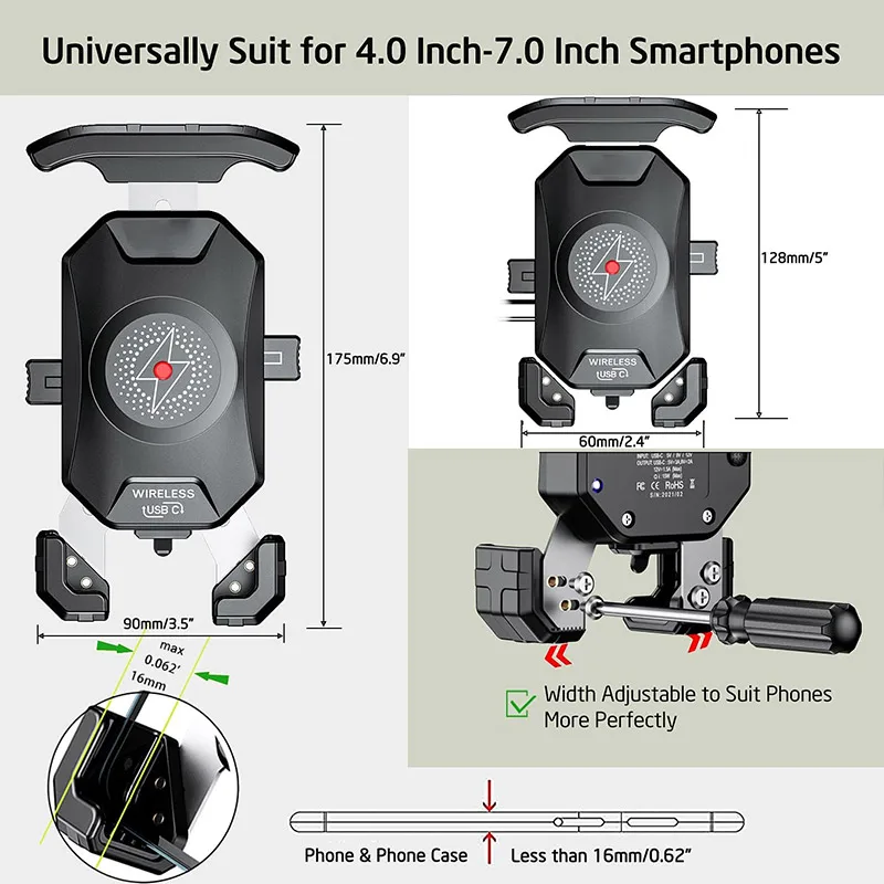 Supporto per telefono wireless per moto antifurto Supporto per caricabatterie rapido 15W e USB C 3A Supporto per moto per manubrio per telefono da 4.0-7.0 