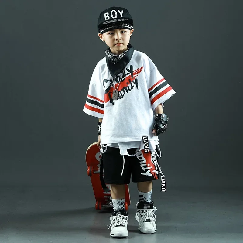 Boys hip-hop suit Korean version of jazz dance skateboarding performance suit kids short-sleeved T-shirt shorts two-piece suit