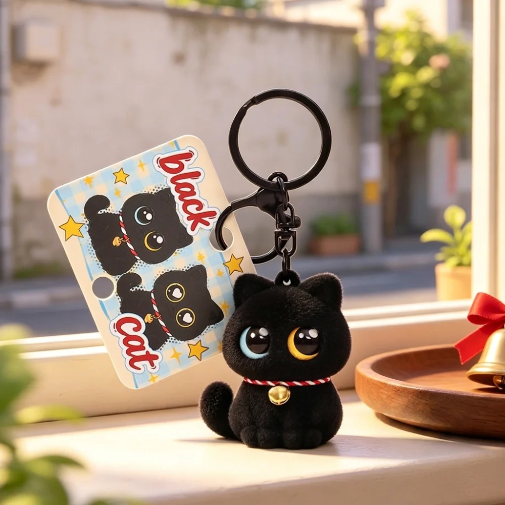 Cute Cartoon Animals Flocking Black Cat Keychain with Bell Collar Cool Cat Doll Bag Charm Small Cat Backpack Pendant Festival