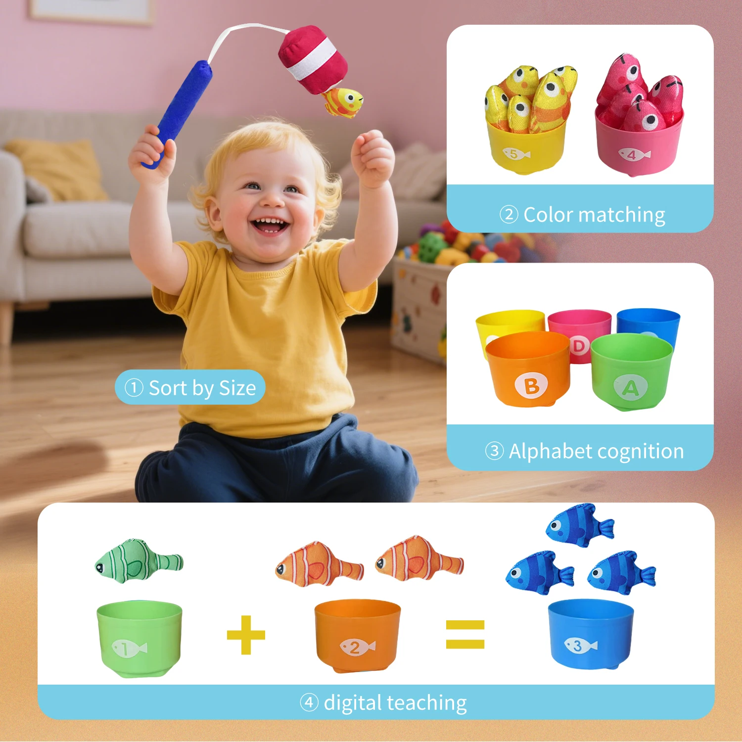 Montessori Toddler Gifts, 28-Piece Sensory Fishing Toy Fabric Set with Stacking Cups and Storage Blanket - Children's Travel Toy