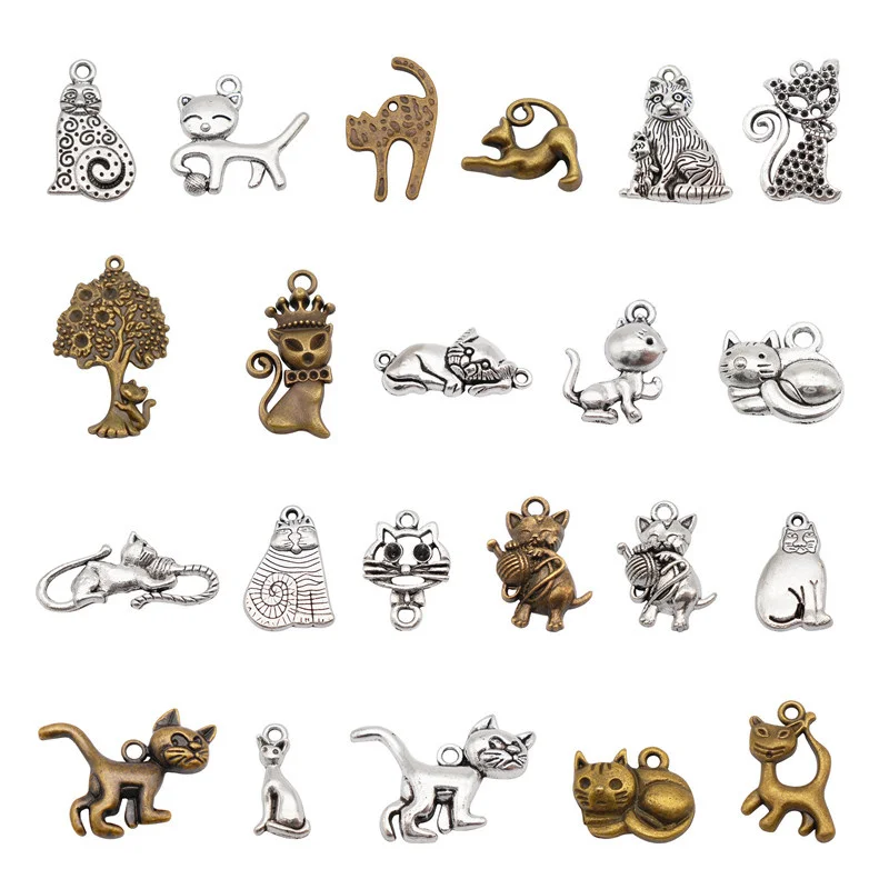 20PCS Mixed Alloy Cat Charms Vintage Animal Pet Cat Pendant Necklace Bracelet Jewelry DIY Funny Brooch Keychain Home Decor