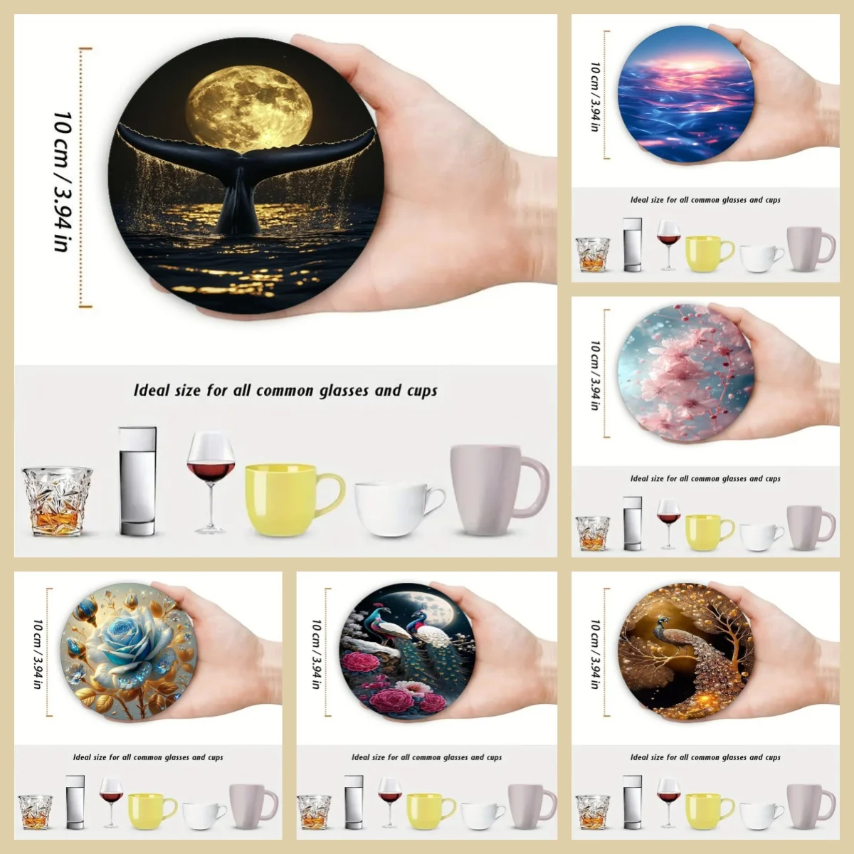 4 anti-slip and heat-insulating wooden coasters with floral/animal patterns, suitable for kitchen and office festival gifts