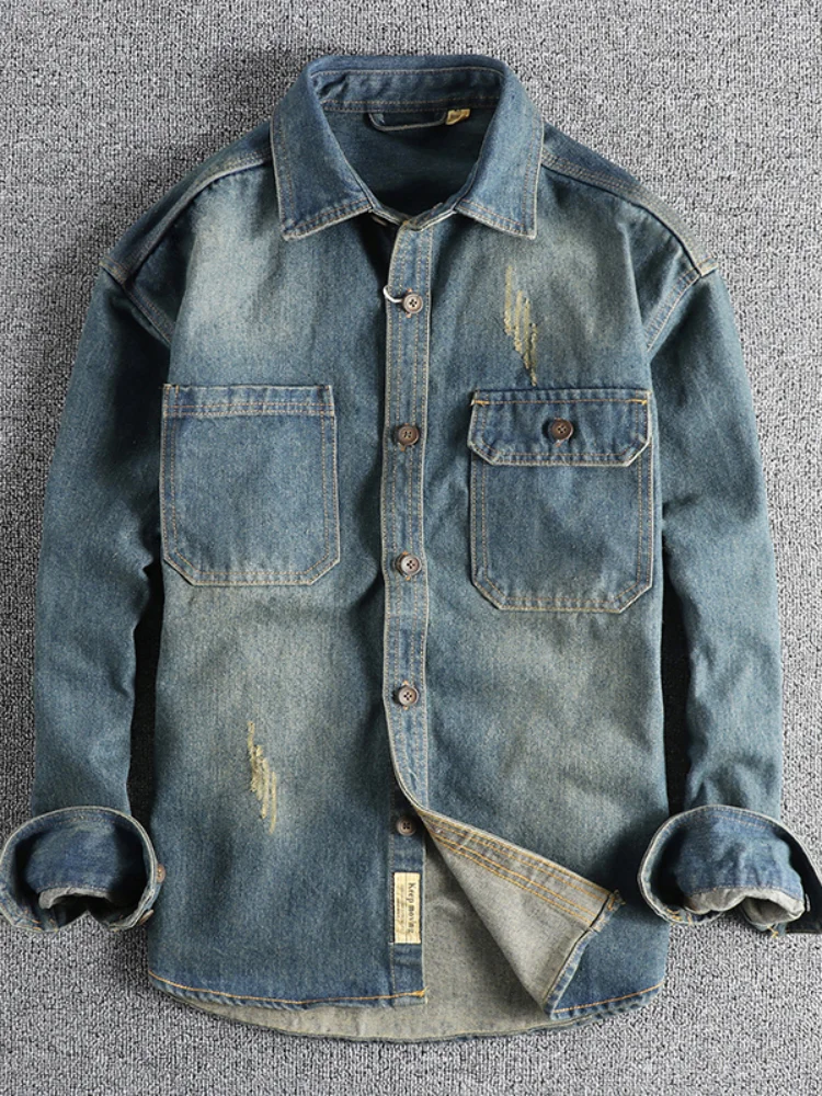 Sping New Japanese Retro High Quality Denim Cargo Shirt Men\'s Fashion 100% Cotton Washed Old Thick Double Pocket Casual Jacket