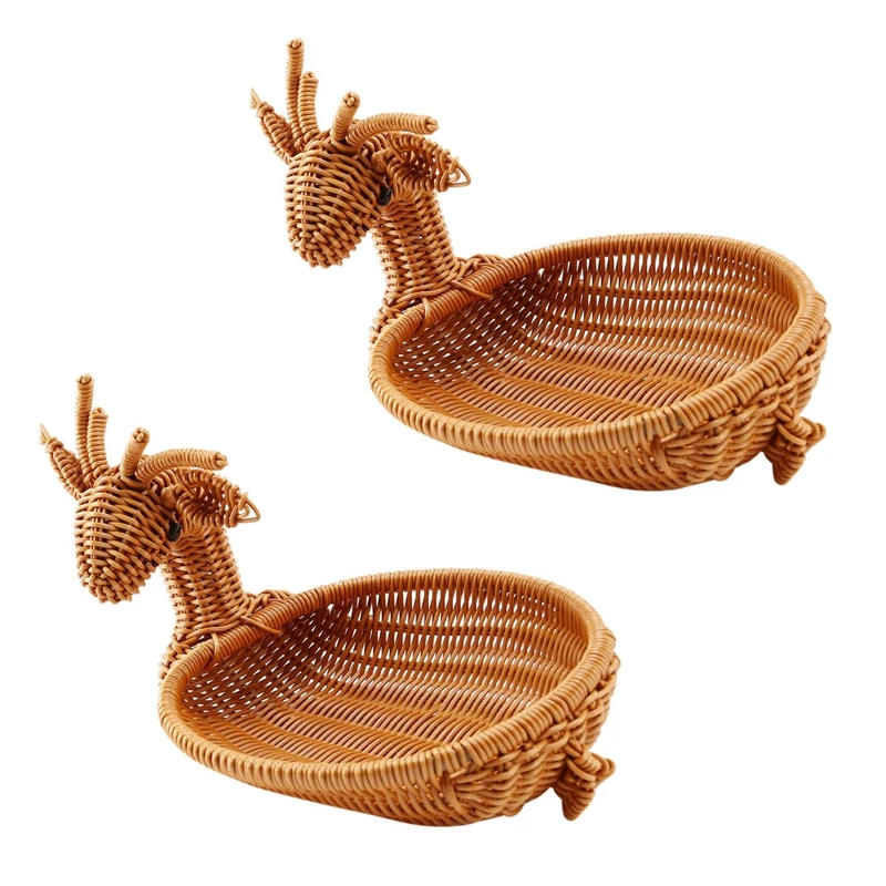 

2X Rattan Woven Fruit Basket,Imitation Deer Bread Basket Fruit Bowls Tray Vegetable Snack Basket Novelty Animal Ancient