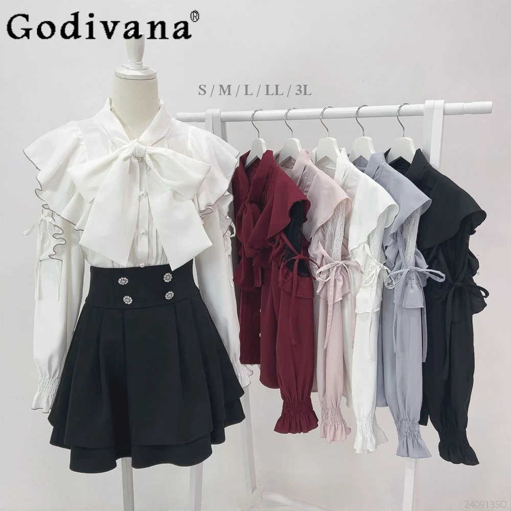 

Japanese Sweet Heavy Industry Long-sleeved Shirt Women's Spring and Autumn Solid Color Lace Ruffle Edge Bow Lace-up Blouses Top