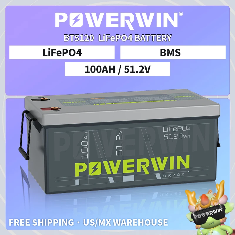 

POWERWIN BT5120 5120Wh LiFePO4 51.2V 100Ah Built-in BMS Deep Cycles Solar Rechargeable Durable Solar Generator