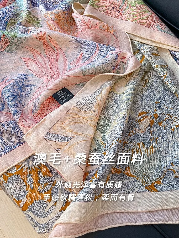 Silk and wool scarf summer double-sided differently colored large square air-conditioned room shawl for outerwear